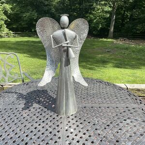 Hammered Steel Angel With Trumpet Sculpture Figure Approximately 30”